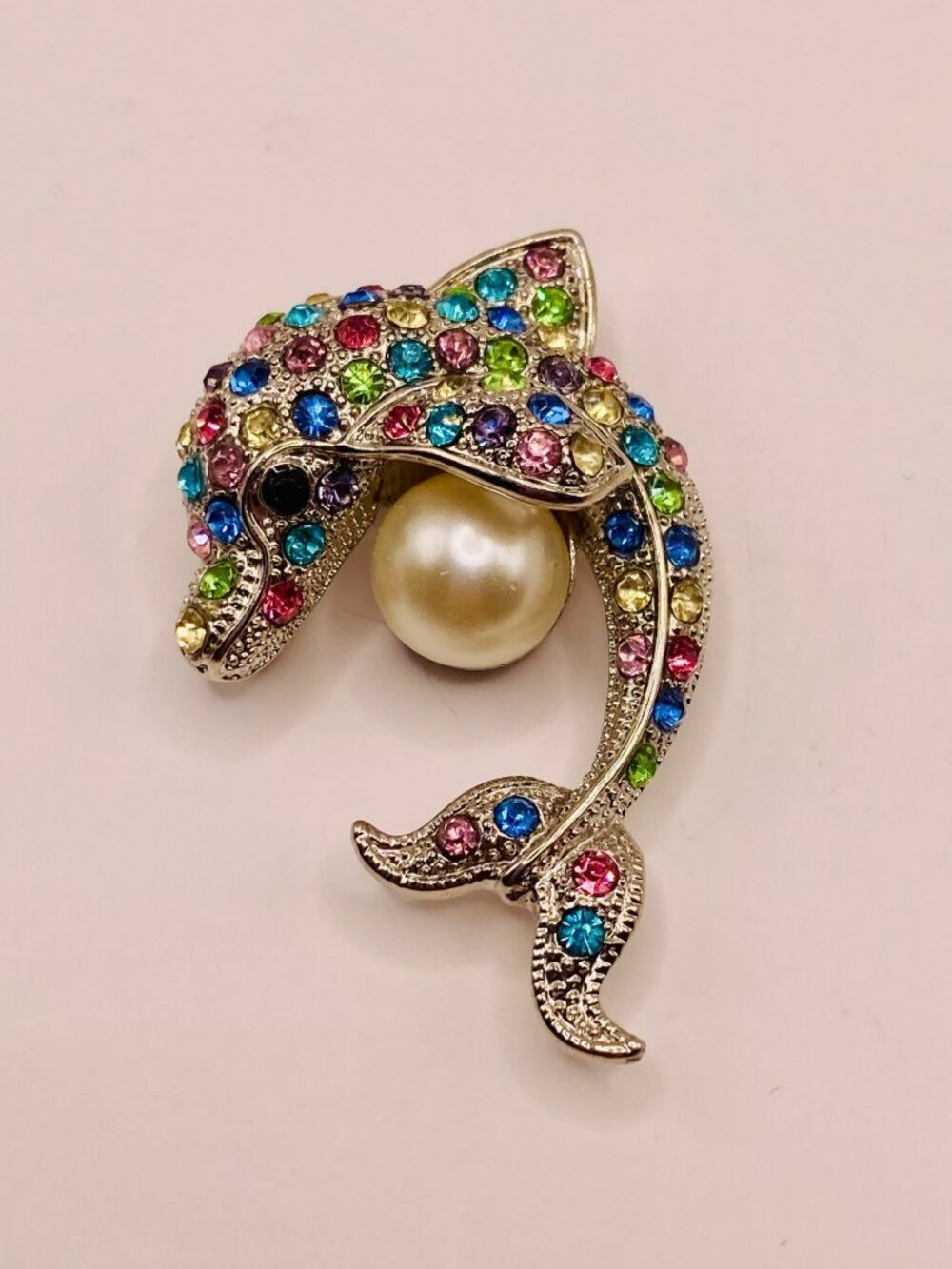 Colorful Dolphin Brooch Pin Rhinestones & Faux Pearl -94B